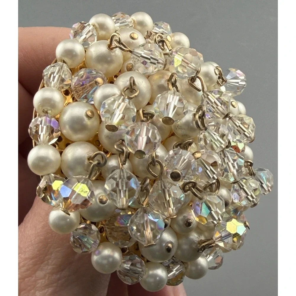 Vintage Kramer Brooch Faux Pearl AB Crystal Clusters Dangling Cha-Cha Style 2.5